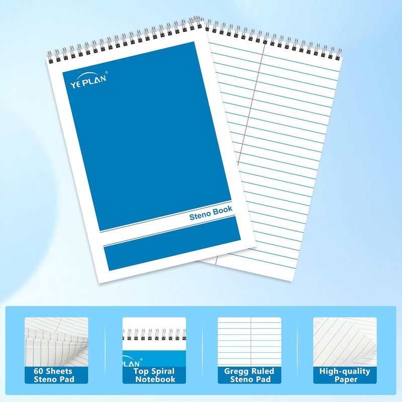 Yeplan Top Spiral Notebook 6x9 6 Pack, Steno Pads Spiral Notebooks with Gregg Ruled White Paper, Notebooks & Writing Pads for School, College, Work, Office, Home, 60 Sheets, 6 Assorted Colors - Image 3
